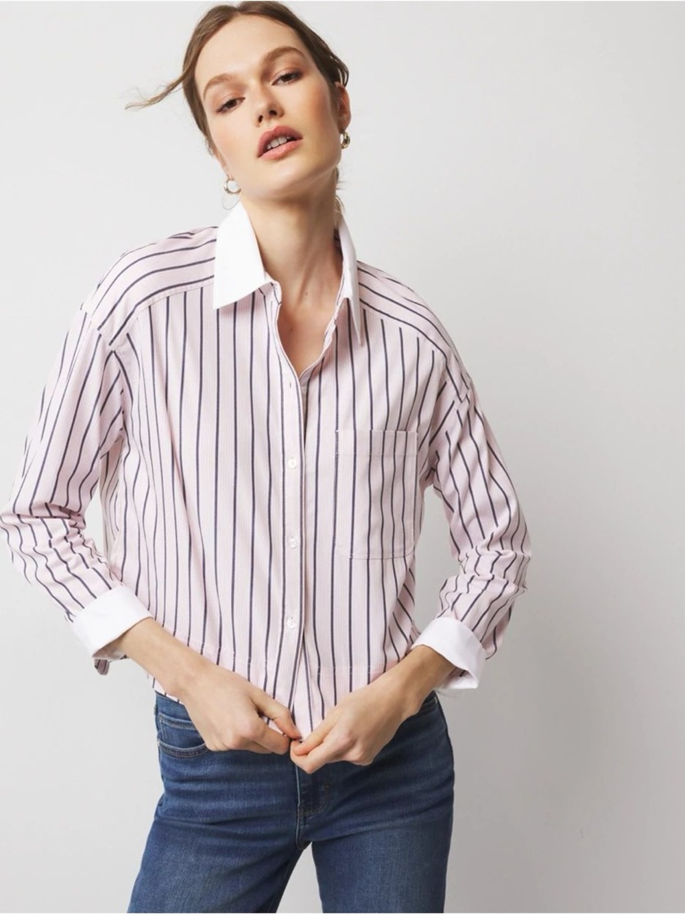 Striped Button-Front Shirt with White Collar